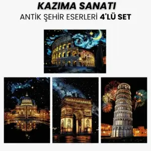 Scratch Kazıma Sanatı | Kazıyarak Çizim Seti | Antik Şehir Eserleri 4’lü Set | 28x40 cm - A3 Kazıma Kağıdı